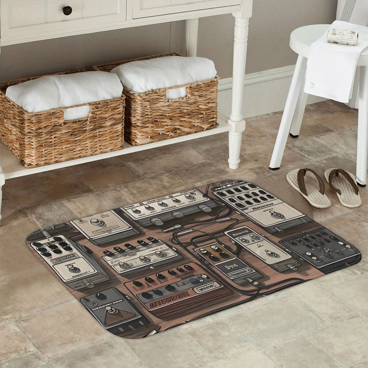 tapis gris marron noir blanc motif pédales guitare vintage antidérapant polyester mousse pe moderne
