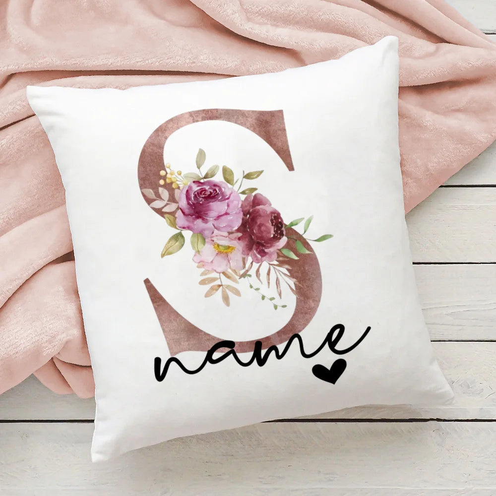 taie d'oreiller motif floral rose lettres initiales respectueux environnement moderne blanc