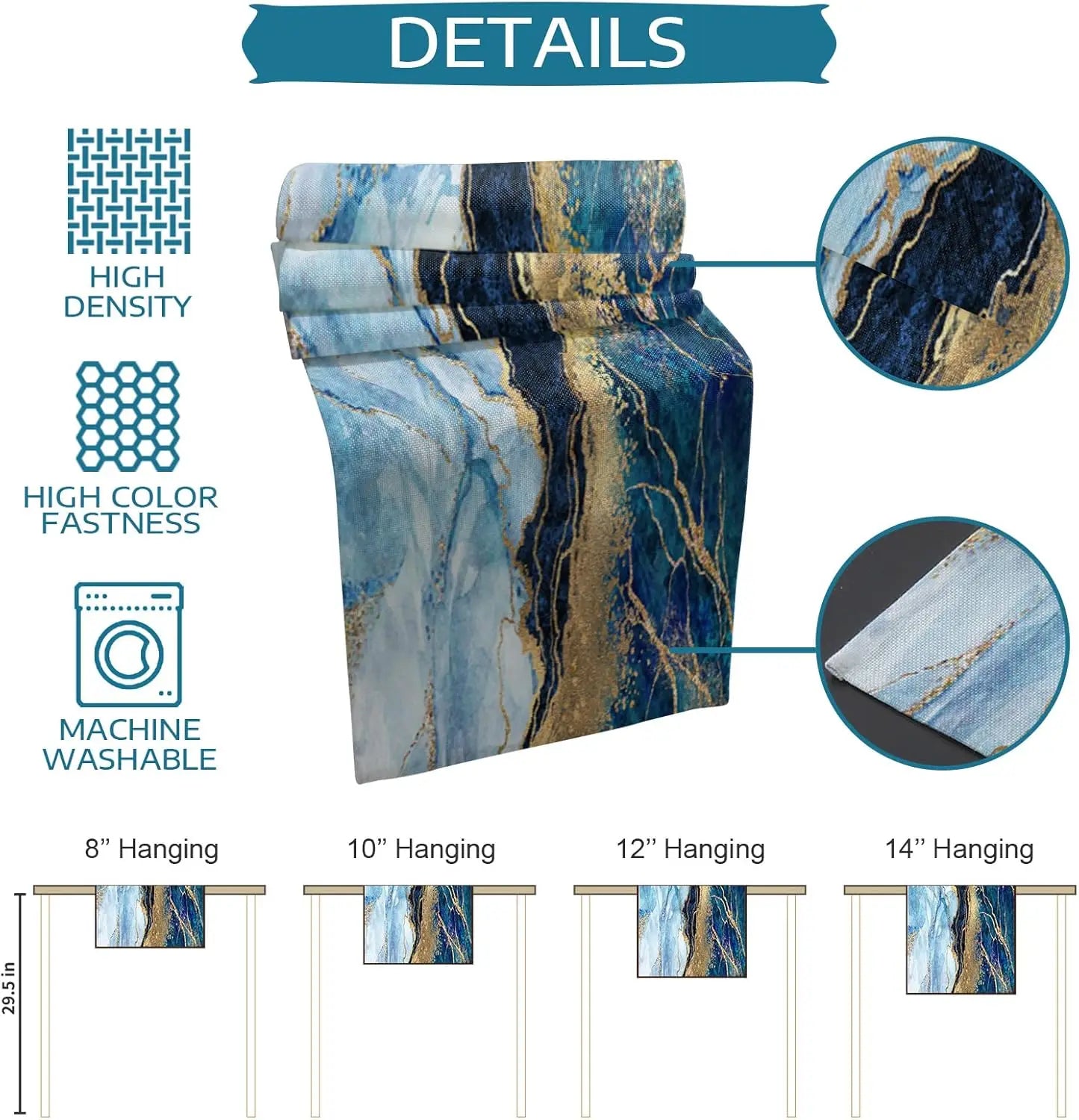 Motif marbré bleu et doré sur un tissu de haute densité et de coloris éclatant, lavable en machine et disponible en quatre tailles de suspensions murales.