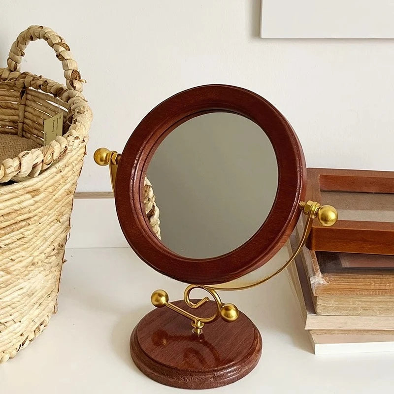 miroir table rotatif vintage rétro marron doré élément métallique bois base