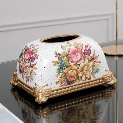 boîte mouchoirs porcelaine fleurs colorées classique blanc doré papillons dorés tissu amovible élégant salon