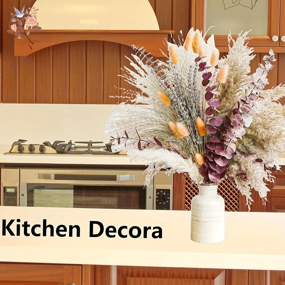 Bouquet fleurs séchées naturel marron beige violet blanc plumes pampas rustique maison table decoration