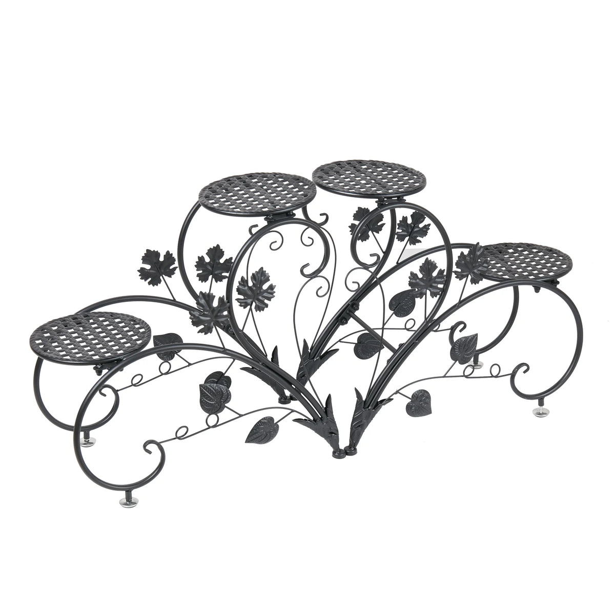 meuble plante métal noir niveaux feuilles stylisées art nouveau pots blancs arrosoir bleu balcon
