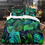 housse couette motif tropical feuilles fleurs animaux moderne vert clair foncé taies oreillers