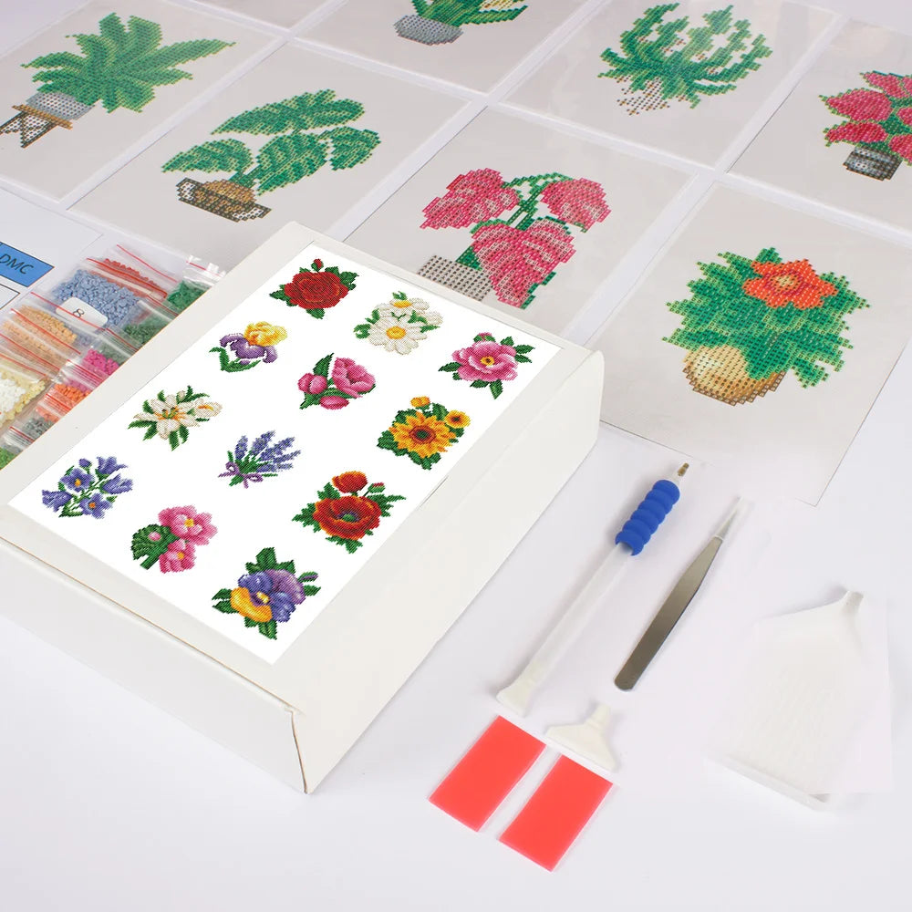 broderie diamant fleurs roses tulipes irises motifs pixel art miniature kit outils