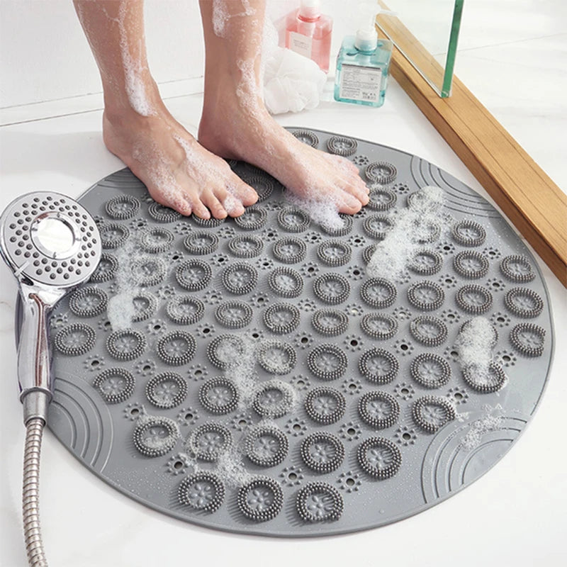 tapis bain circulaire texturé motifs floraux bleu rose moderne adhésif salle bain douceur antidérapant