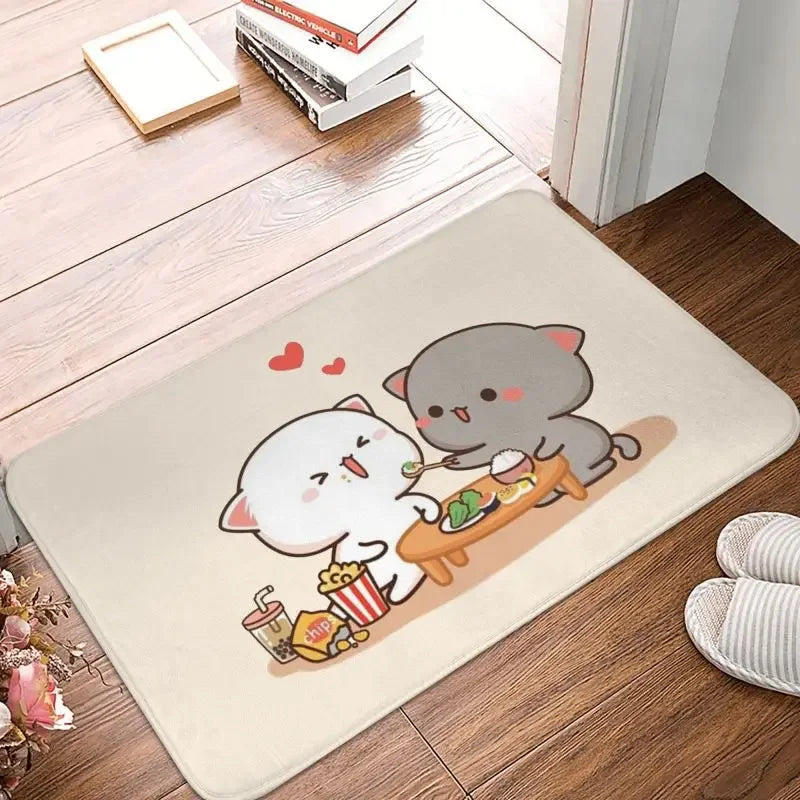 tapis sol moderne motif chat mignon mangeant nouilles rose gris blanc intérieur extérieur
