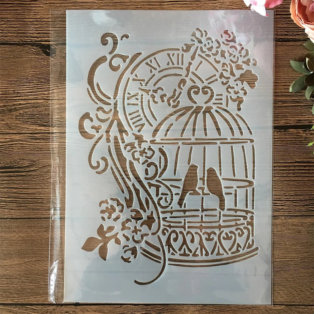 pochoirs transparents steampunk vintage horloge engrenages deco TIME MACHINE stencil blanc motifs abstraits