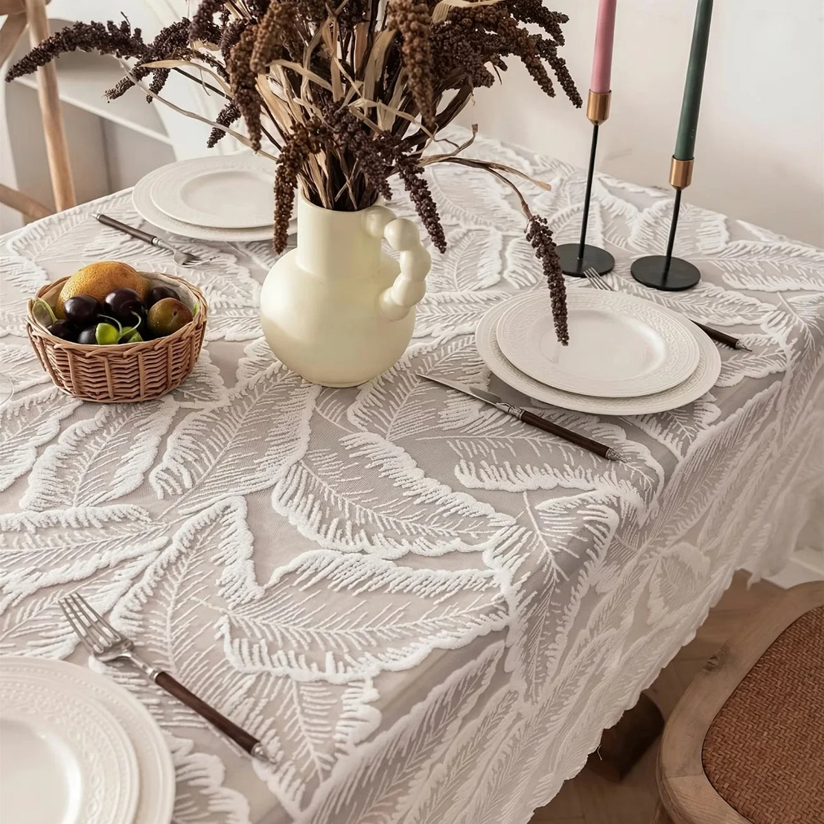 nappe blanche feuilles stylisées classique opaquer table mariage décoration intérieure blanc lavable machine