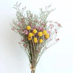 bouquet fleurs séchées boule dorée gypsophile eucalyptus feuilles naturel rustique décoration maison anniversaire wedding