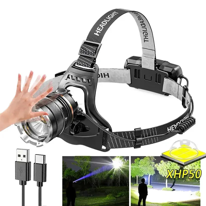lampe frontale rechargeable led noir zoom ipx4 étanche mode sensor high low strobe camping