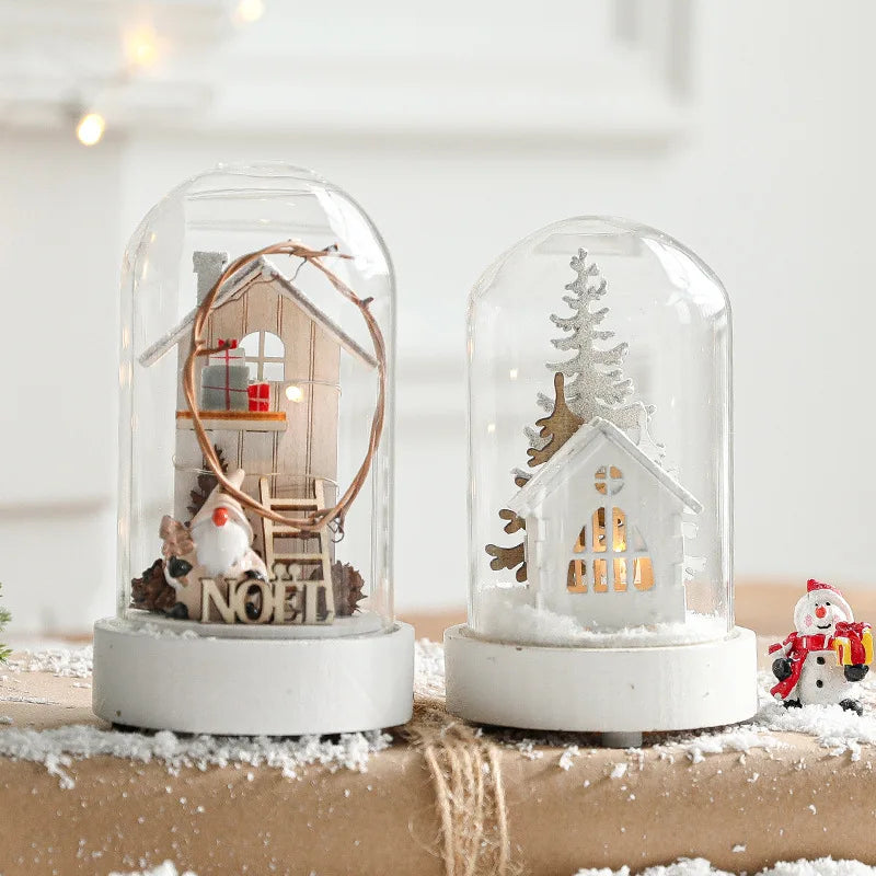 décoration noël miniature maison verre animaux sapin cadeaux lettres noel base plate
