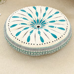 coussin rond boho chic motifs floraux géométriques antidérapant polyester blanc bleu