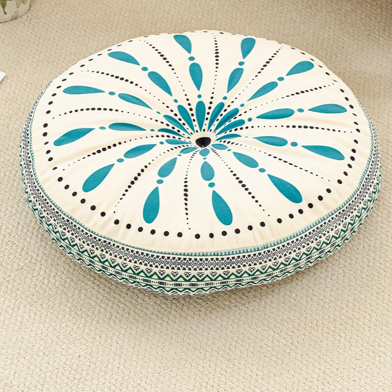 coussin rond boho chic motifs floraux géométriques antidérapant polyester blanc bleu