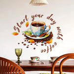 autocollant mural moderne tasse grains feuilles décoration murale adhésif opaque couleur marron beige vert