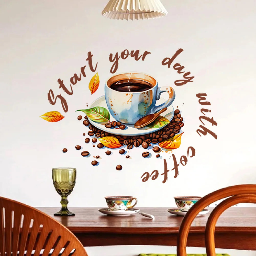 autocollant mural moderne tasse grains feuilles décoration murale adhésif opaque couleur marron beige vert