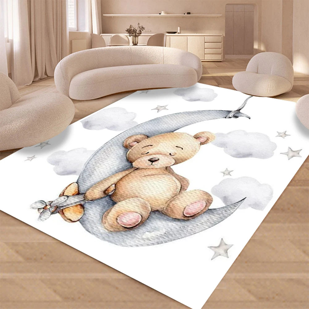 tapis moderne ours lune étoiles gamer velours polyester blanc marron gris chambre enfant salon
