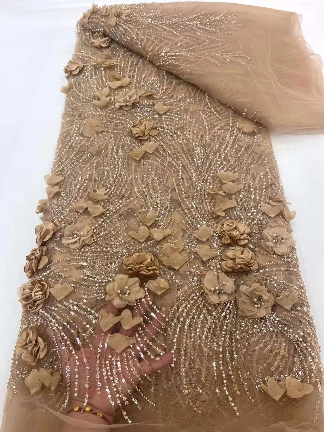 tissu décoratif polyester dentelle fleurs relief brillants élégant mariage soirée partie