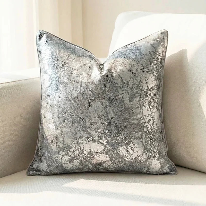 coussin carré jacquard géométrique contemporain beige gris bleu doré polyester 45x45cm