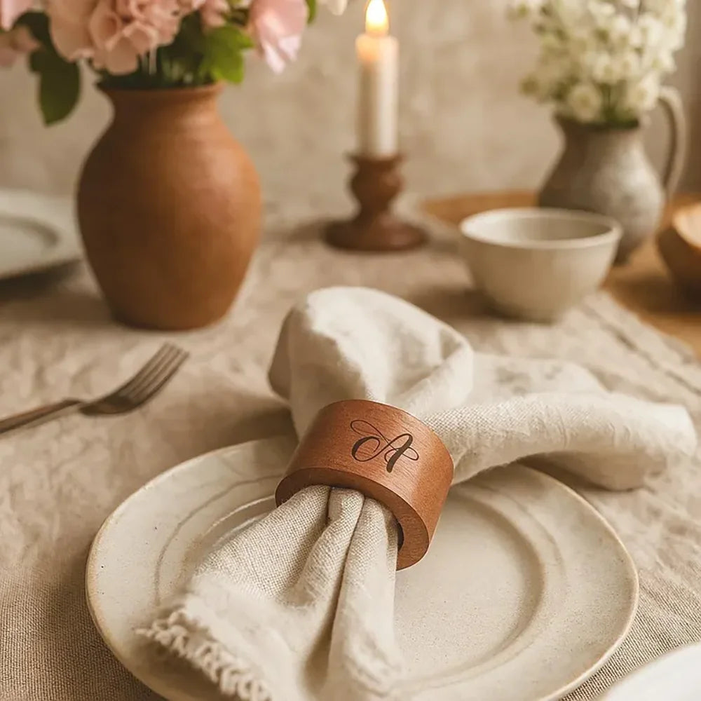 anneau serviette bois gravé lettre initiale décoration table mariage cadeau fête bois naturel