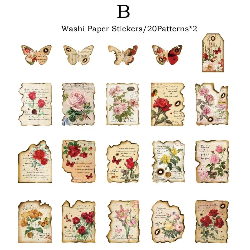 étiquettes décoratives vintage adhésives motifs floraux papillons textes anciens textures parchemin