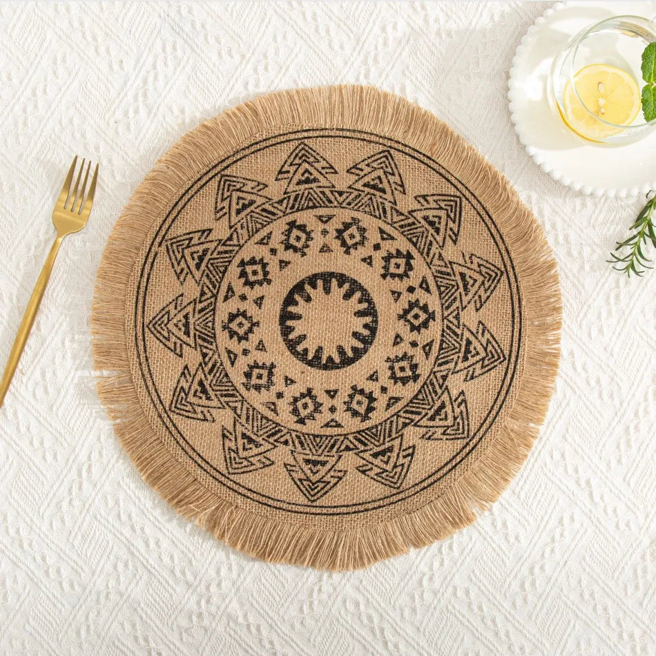 serviettes table boho chic brodées franges beige blanches table rond 38cm lavables