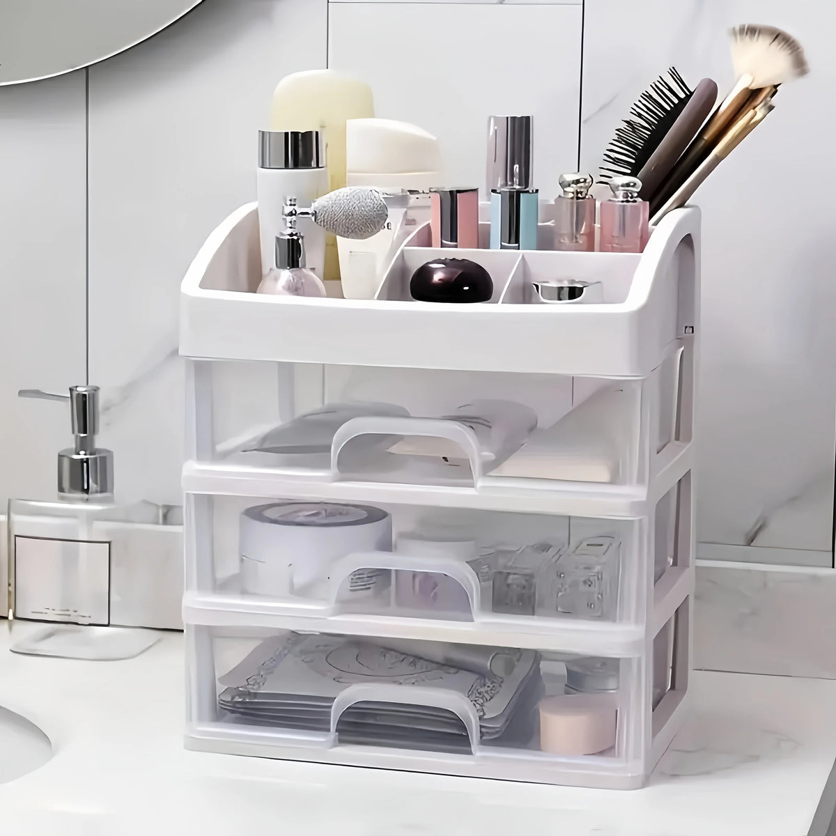 organisateur maquillage blanc moderne sans tiroirs coulissants transparent étiquettes autocollantes brosse maquillage