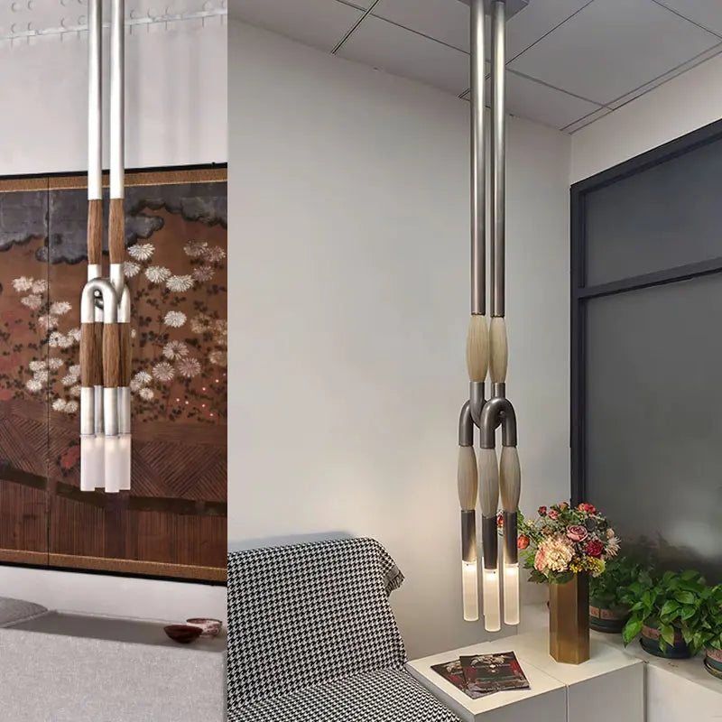 lampe suspension moderne verre bois structure métal noir salon chambre