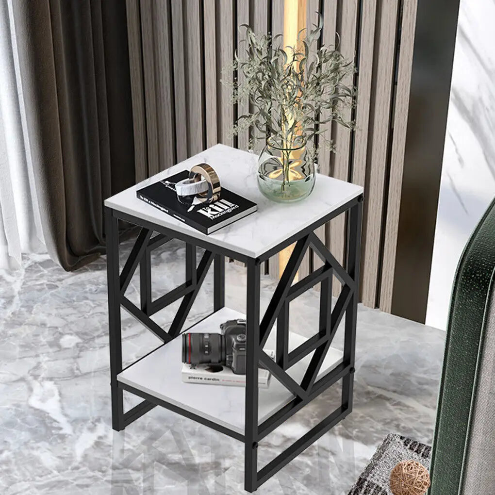 table d'appoint moderne table basse carrée blanc noir plateau imitation marbre étagère métal géométrique
