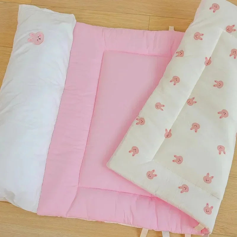 matelas pliable coton ours blanc oreillers portables enfants couchage hiver ados crème rose adorable