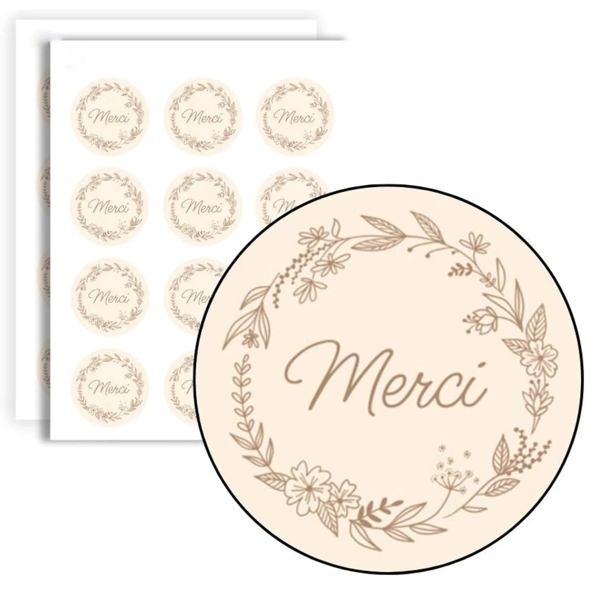 étiquettes autocollantes merci couronne fleurs classiques élégantes pack 120 pièces 4cm 4cm beige clair