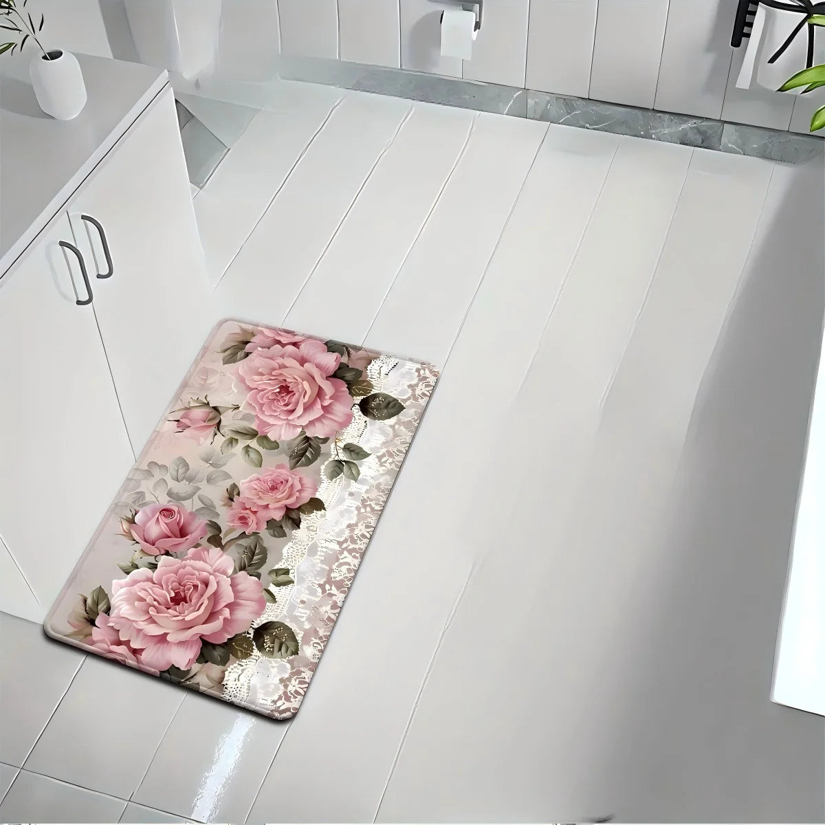 tapis bain rose motifs floraux dentelle antidérapant shabby chic floral duveteuxsetSize