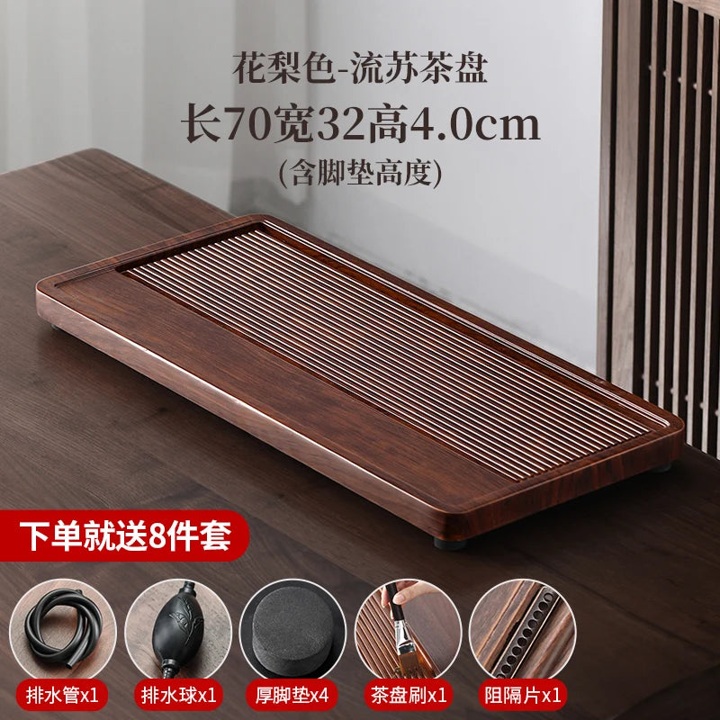 plateau thé bois bambou moderne lignes verticales marron foncé tasses théière salon chambre