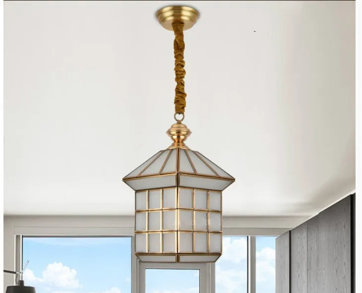 lampe suspendue or transparent carreaux verre structure géométrique moderne vintage corde torsadée chambre salon