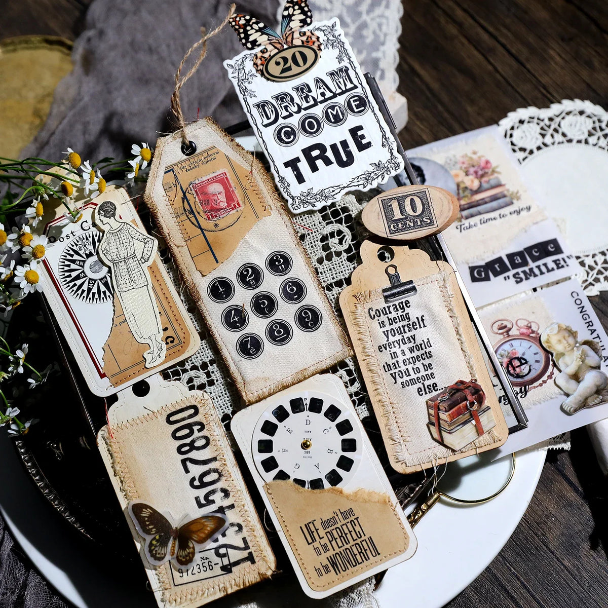 étiquettes décoratives imprimées alphabet numérique blanc noir scrapbooking artisanat junk journal DIY