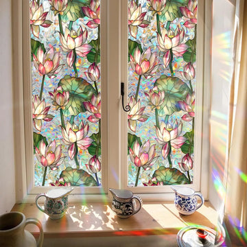 film fenêtre décoratif fleurs lotus multicolore protection uv isolation thermique facile installer
