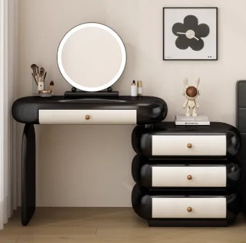 maquillage moderne commode tiroirs tabouret miroir noir blanc texture cuir