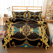 ensemble literie baroque opulent motifs floraux noir or bleu turquoise taies oreiller couverture polyester