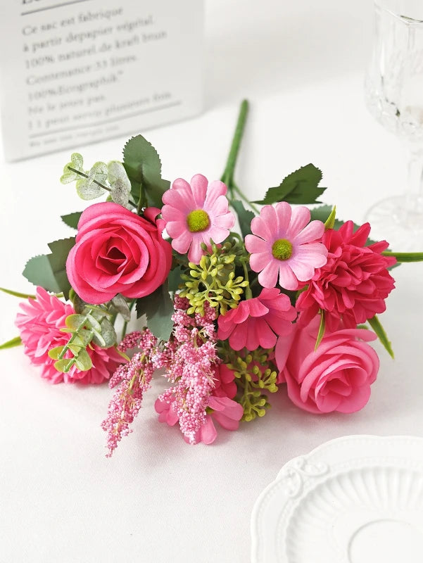 Bouquet artificiel fleurs soie rose blanc bleu orange feuilles vertes décoration mariage anniversaireextérieur classique