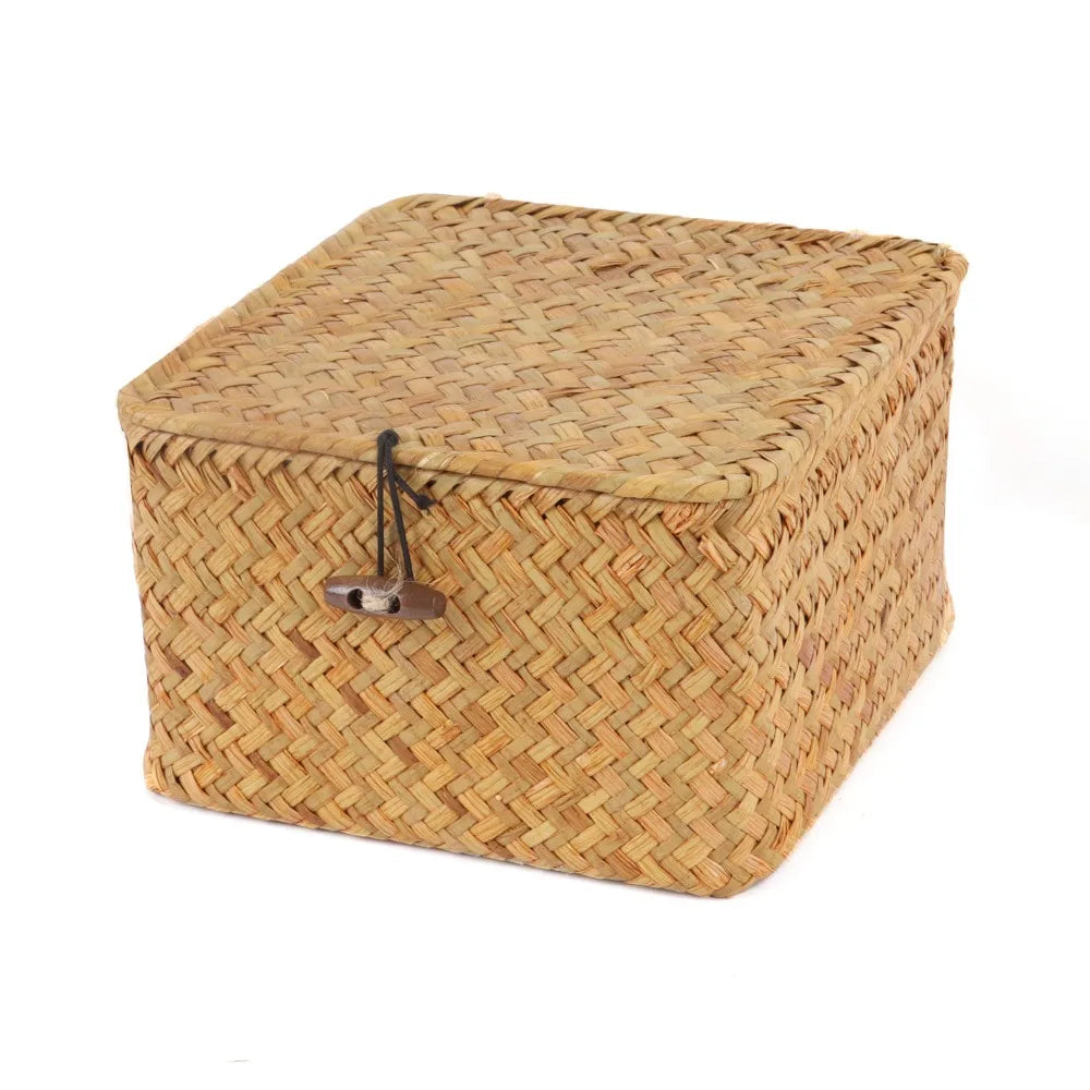 boîtes rangement marron clair tissage paille réutilisables respectueux environnement traditionnel cordon fermeture