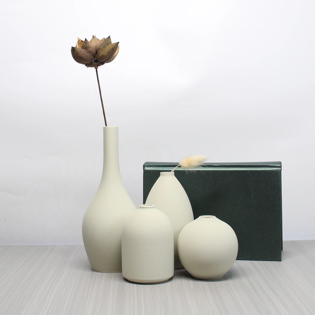 vases modernes minimalistes plastique noir crème fleurs séchées lotus pompon cône décoration intérieure épurée