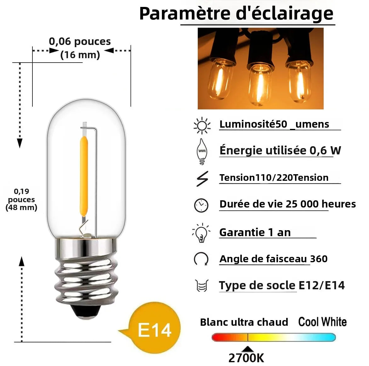 ampoules led filament doré edison transparentes 2700k 25000h e12 e14 110v 220v blanc chaud