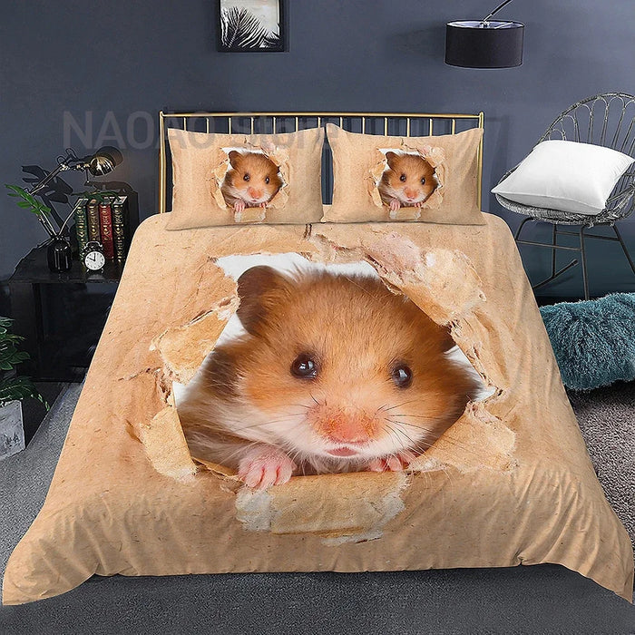 Housse de couette 3D motif Hamster bleu ciel sur lit