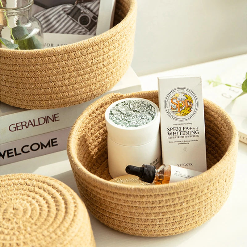 corbeilles rangement tissées main motifs géométriques couleur rose beige gris multicolore respectueuses environnement rustique