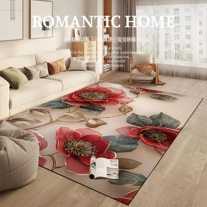 Un salon luxueux et romantique avec un tapis aux motifs floraux éclatants et un canapé moelleux, créant une atmosphère chaleureuse et accueillante.