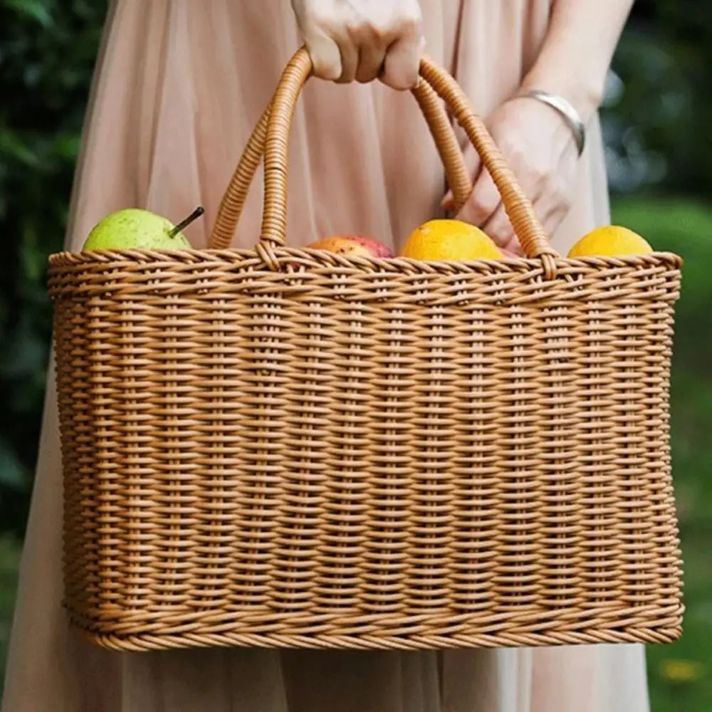 panier tressé osier marron clair poignées traditionnel taille portable fruitsDecorationOrganisateurRangementFlore