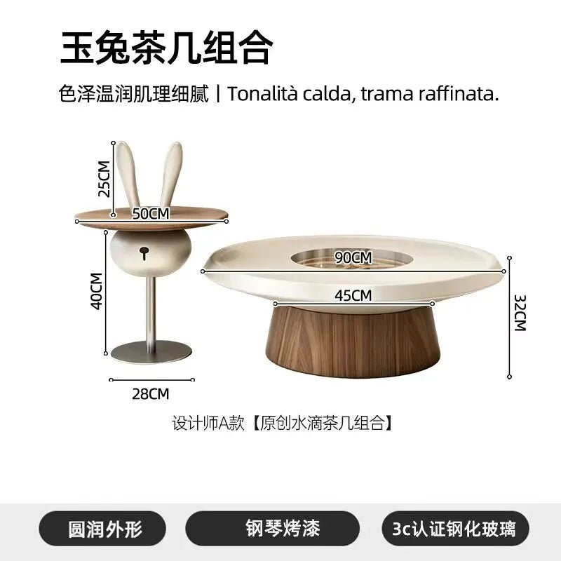 table basse moderne rond bois marron clair métal transparent décoration ludique
