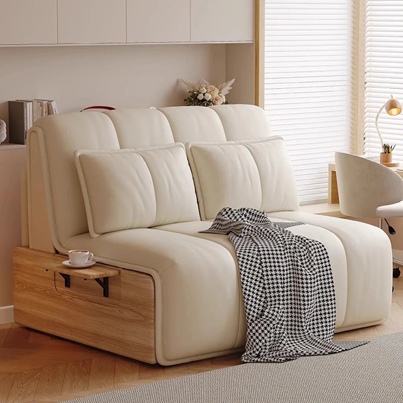 canapé lit extensible canapé moderne simili cuir beige clair coussins tablette intégrée tapis