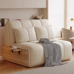 canapé lit extensible canapé moderne simili cuir beige clair coussins tablette intégrée tapis