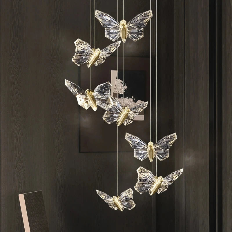 suspension décorative moderne papillons transparents dorés hall chambre éclairage contemporain fixations